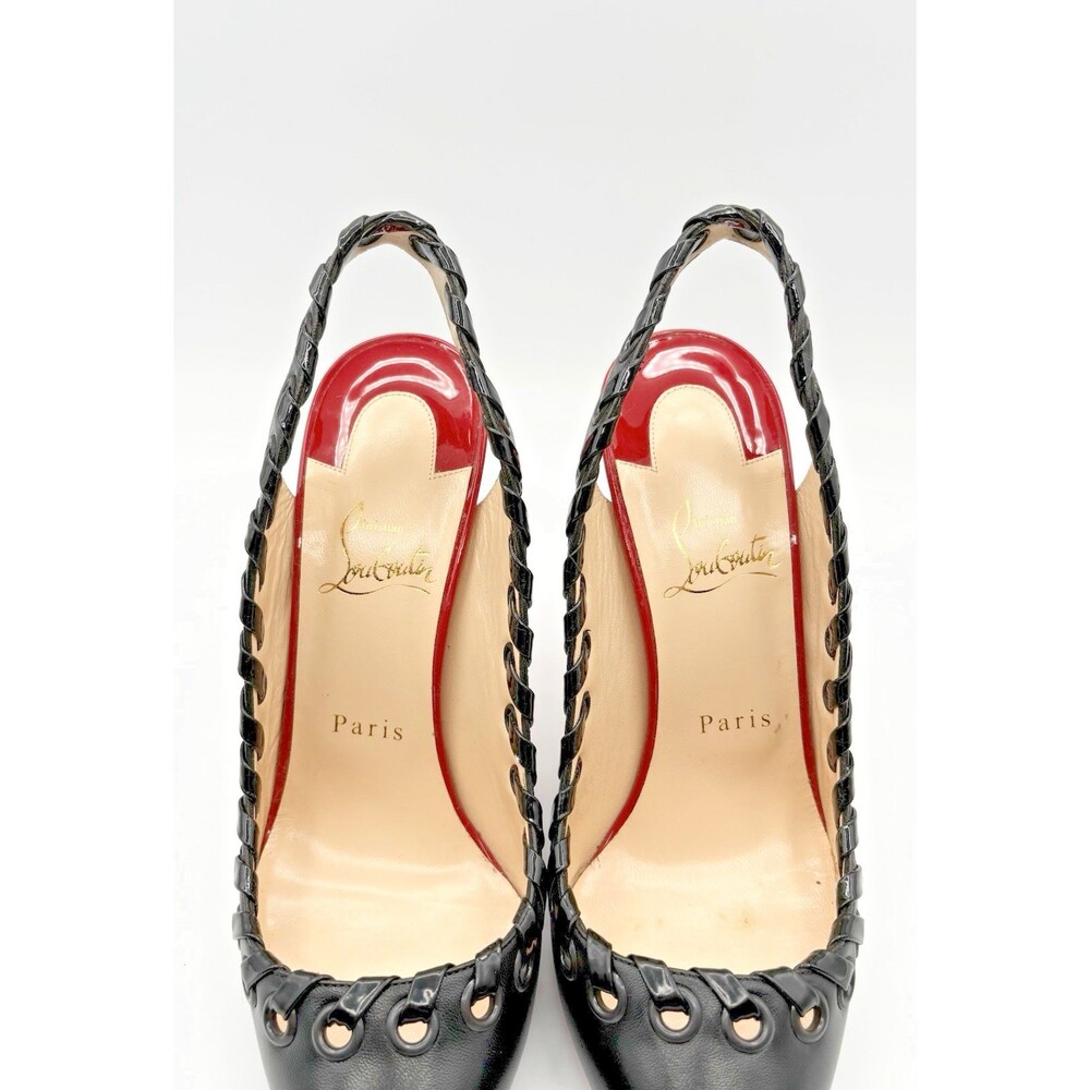 Christian Louboutin Black & Red Ostri Whipstitch Slingback Heels Size EU 38.5 - Picture 5 of 11